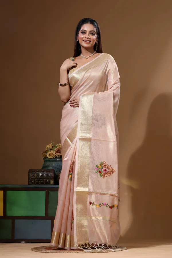 PEACH_KOTA_TISSUE_with_KANTHA_WORK_Saree_with_Blouse_Piece