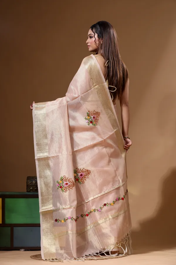 PEACH_KOTA_TISSUE_with_KANTHA_WORK_Saree_with_Blouse_Piece