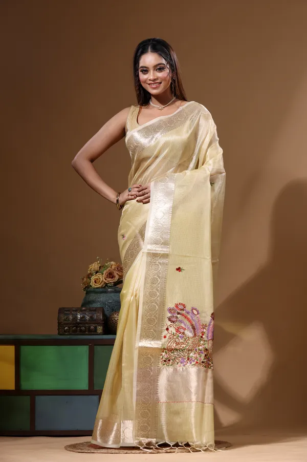 YELLOW_KOTA_TISSUE_with_KANTHA_WORK_Saree_with_Blouse_Piece