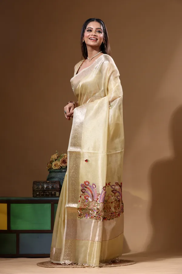 YELLOW_KOTA_TISSUE_with_KANTHA_WORK_Saree_with_Blouse_Piece