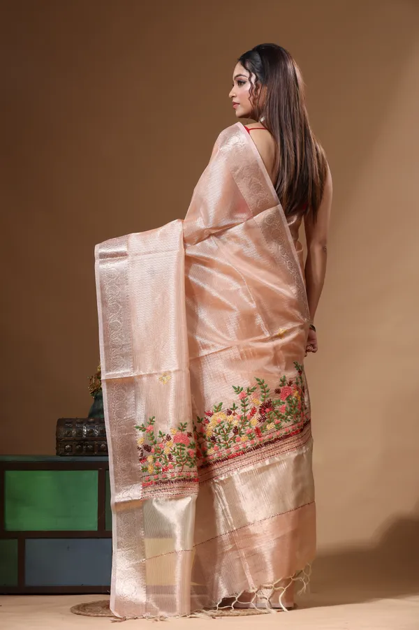 PEACH_KOTA_TISSUE_with_KANTHA_WORK_Saree_with_Blouse_Piece