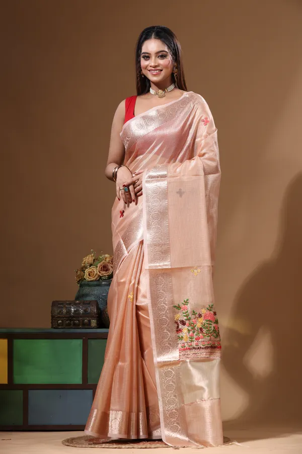PEACH_KOTA_TISSUE_with_KANTHA_WORK_Saree_with_Blouse_Piece