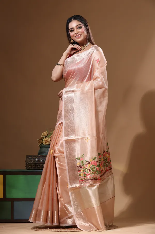 PEACH_KOTA_TISSUE_with_KANTHA_WORK_Saree_with_Blouse_Piece