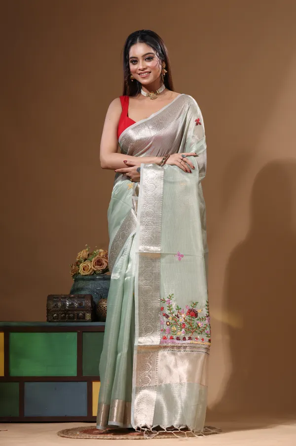 GREEN_KOTA_TISSUE_with_KANTHA_WORK_Saree_with_Blouse_Piece