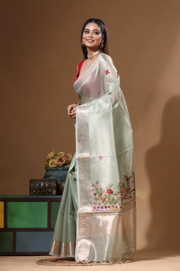 GREEN_KOTA_TISSUE_with_KANTHA_WORK_Saree_with_Blouse_Piece