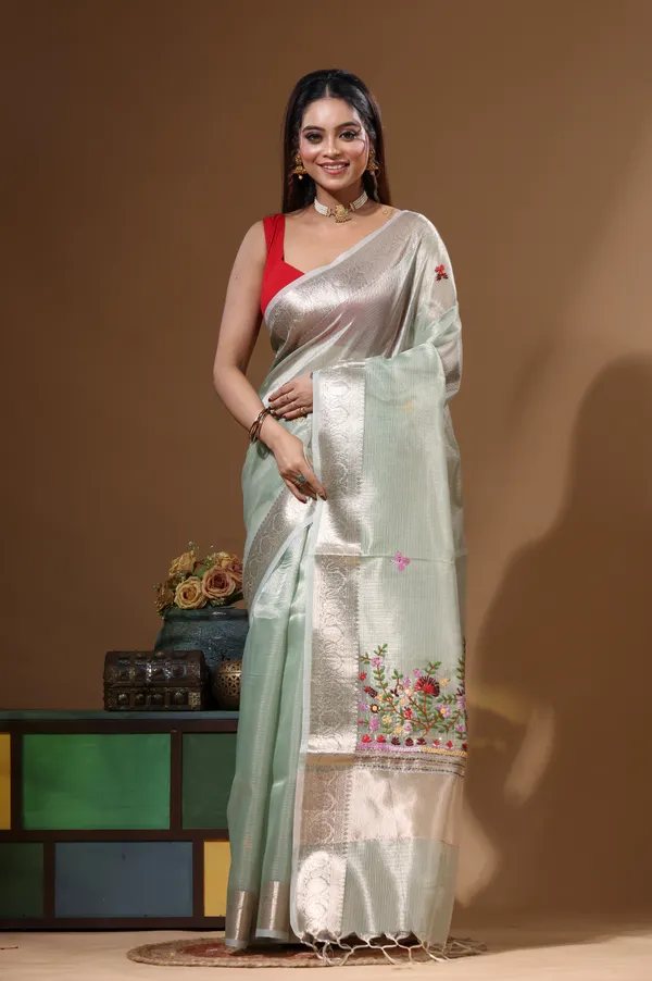 GREEN_KOTA_TISSUE_with_KANTHA_WORK_Saree_with_Blouse_Piece