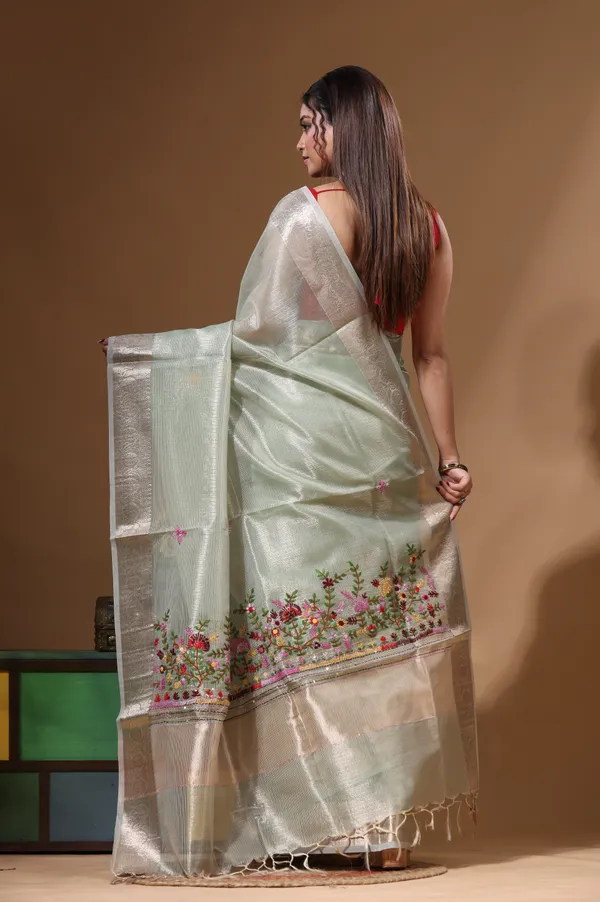 GREEN_KOTA_TISSUE_with_KANTHA_WORK_Saree_with_Blouse_Piece