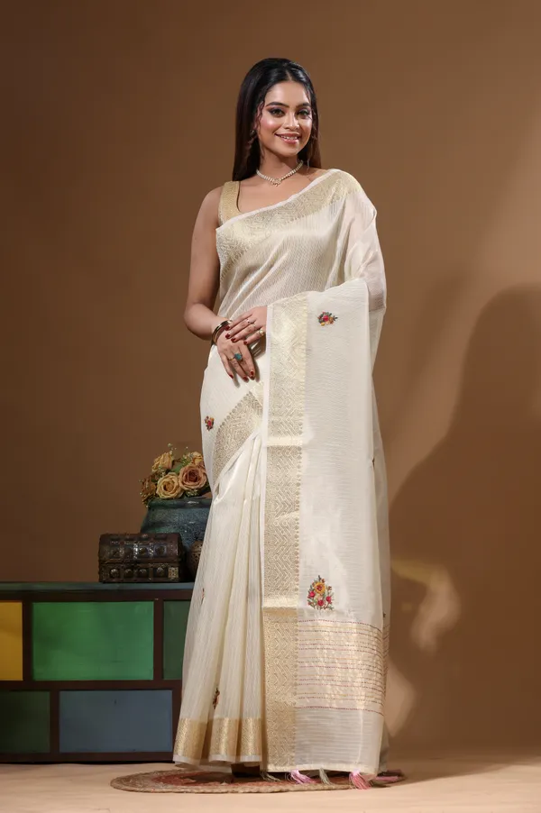 BEIGE_KOTA_TISSUE_with_KANTHA_WORK_Saree_with_Blouse_Piece