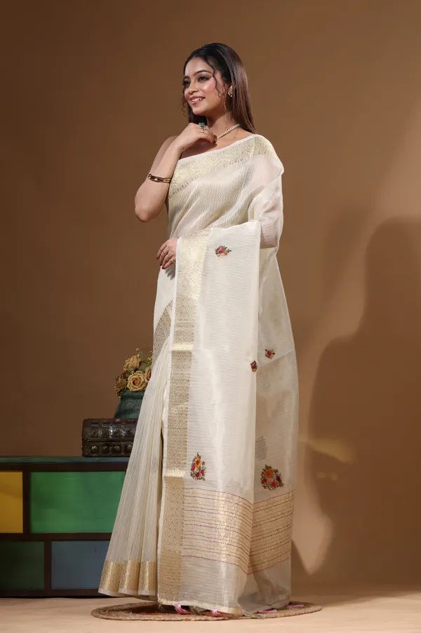 BEIGE_KOTA_TISSUE_with_KANTHA_WORK_Saree_with_Blouse_Piece