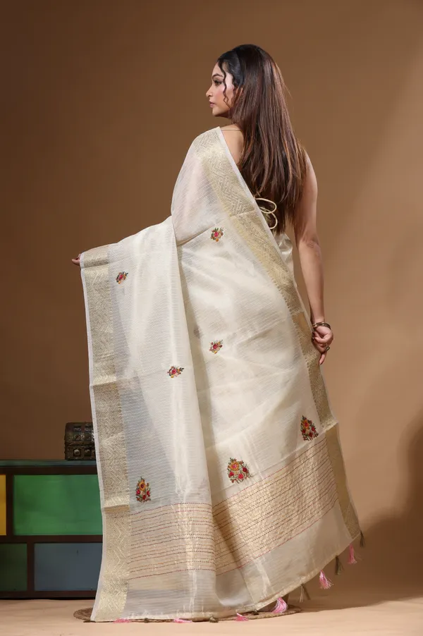 BEIGE_KOTA_TISSUE_with_KANTHA_WORK_Saree_with_Blouse_Piece