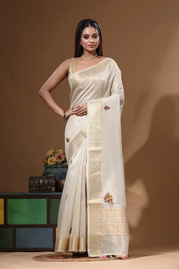 BEIGE_KOTA_TISSUE_with_KANTHA_WORK_Saree_with_Blouse_Piece