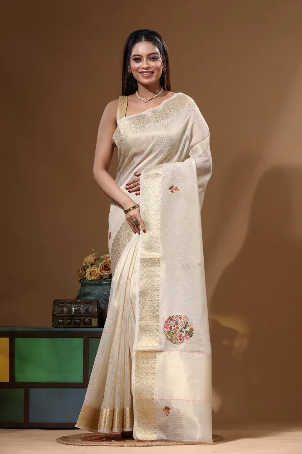 BEIGE_KOTA_TISSUE_with_KANTHA_WORK_Saree_with_Blouse_Piece