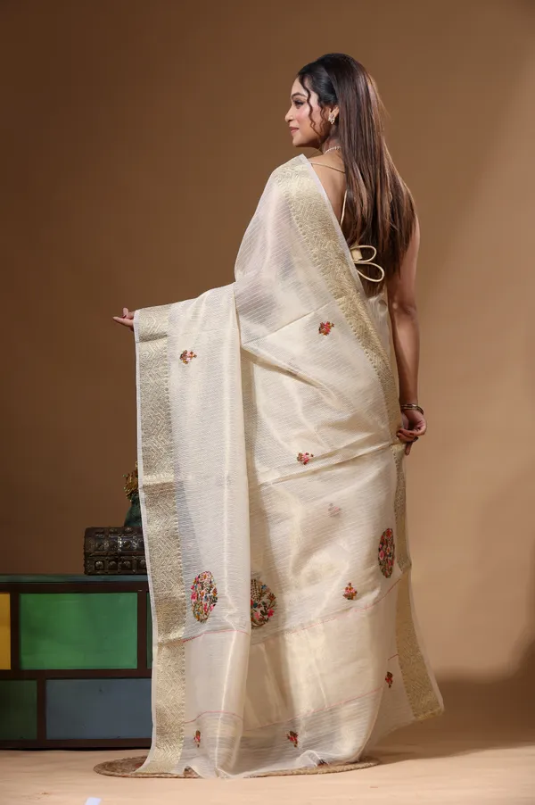 BEIGE_KOTA_TISSUE_with_KANTHA_WORK_Saree_with_Blouse_Piece