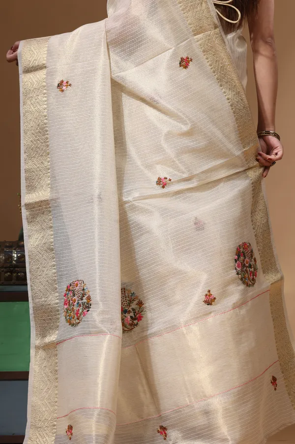 BEIGE_KOTA_TISSUE_with_KANTHA_WORK_Saree_with_Blouse_Piece