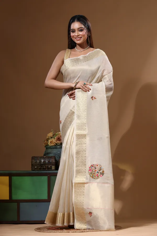 BEIGE_KOTA_TISSUE_with_KANTHA_WORK_Saree_with_Blouse_Piece