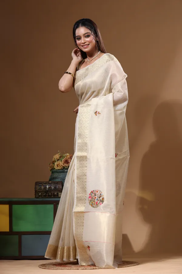 BEIGE_KOTA_TISSUE_with_KANTHA_WORK_Saree_with_Blouse_Piece