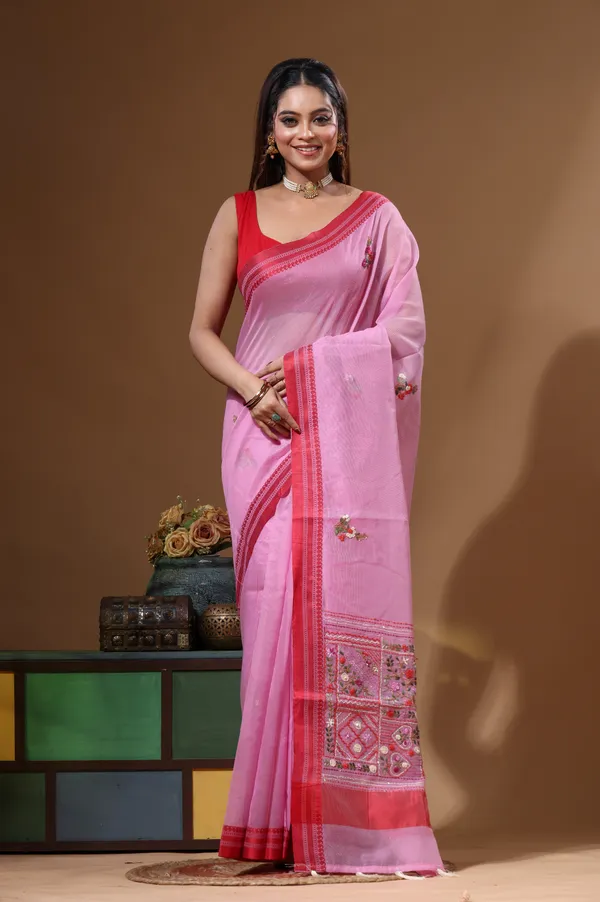 PINK_SUPERNET_with_KANTHA_WORK_Saree_with_Blouse_Piece