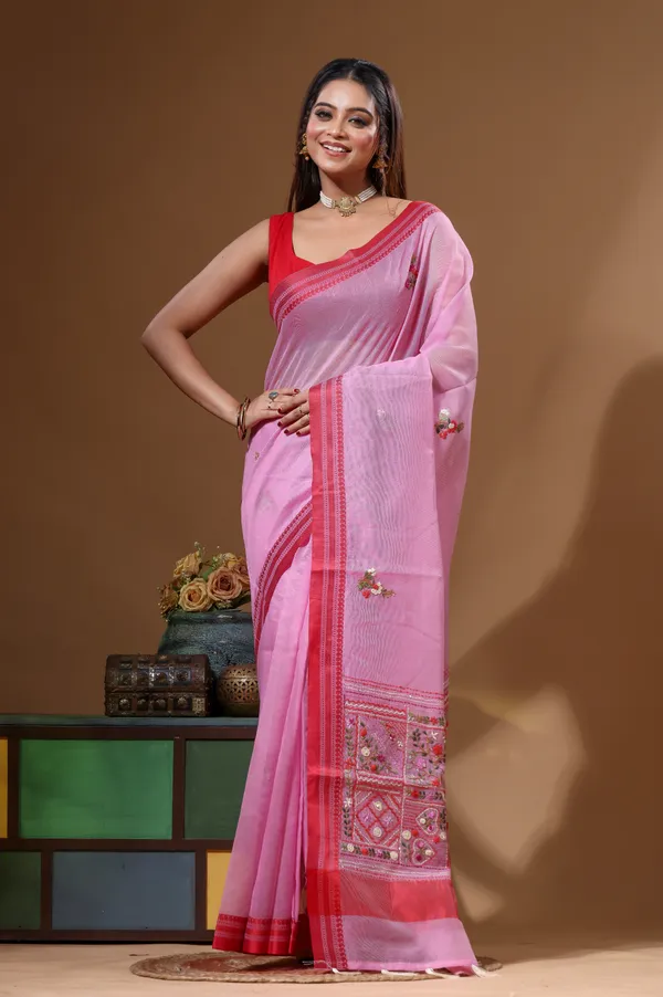 PINK_SUPERNET_with_KANTHA_WORK_Saree_with_Blouse_Piece