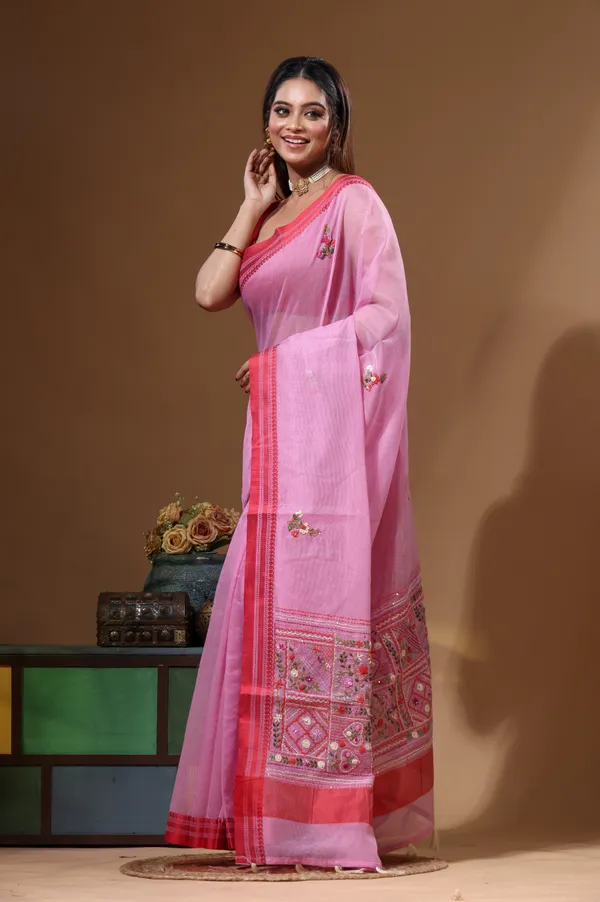 PINK_SUPERNET_with_KANTHA_WORK_Saree_with_Blouse_Piece