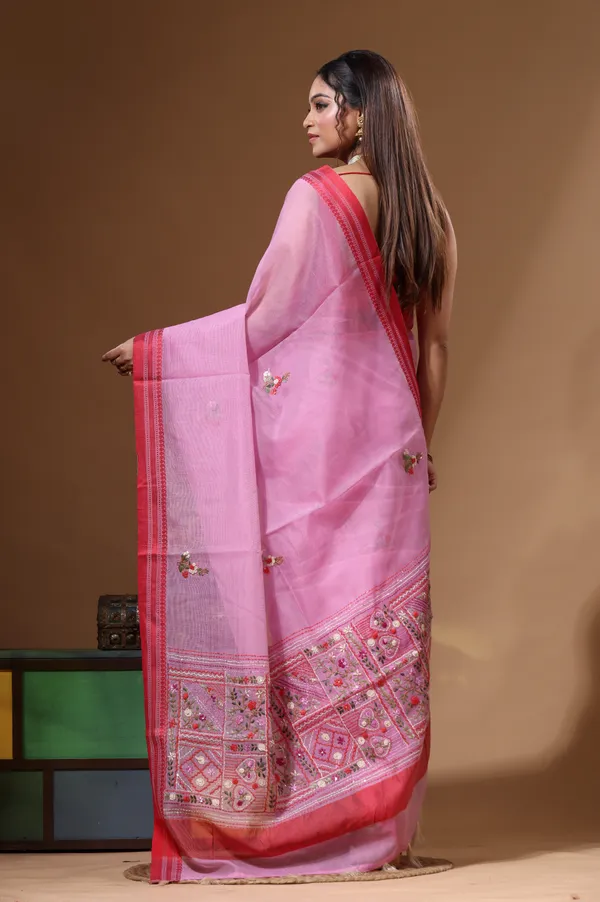 PINK_SUPERNET_with_KANTHA_WORK_Saree_with_Blouse_Piece