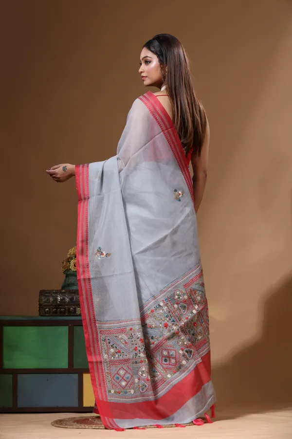 GREY_SUPERNET_with_KANTHA_WORK_Saree_with_Blouse_Piece