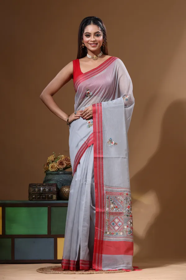 GREY_SUPERNET_with_KANTHA_WORK_Saree_with_Blouse_Piece