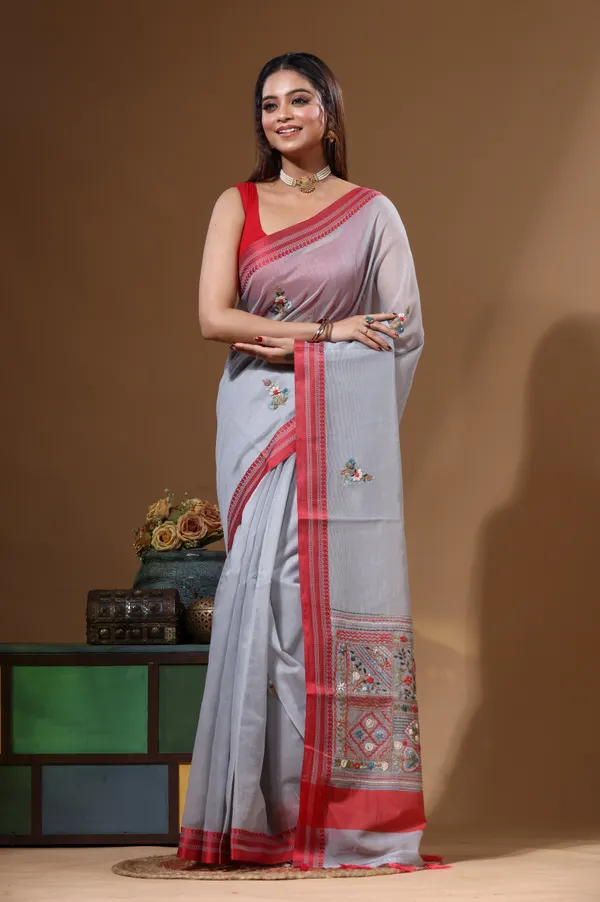 GREY_SUPERNET_with_KANTHA_WORK_Saree_with_Blouse_Piece