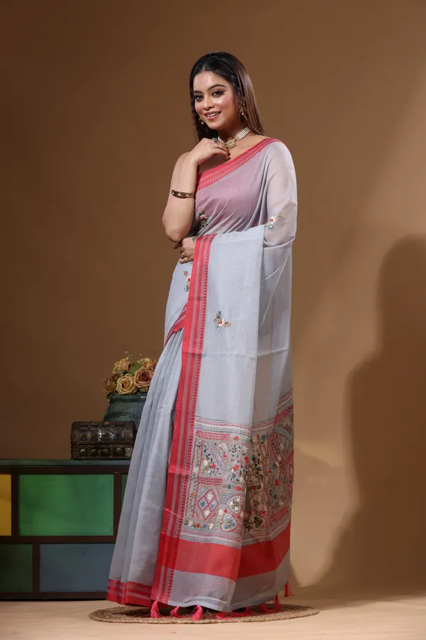 GREY_SUPERNET_with_KANTHA_WORK_Saree_with_Blouse_Piece
