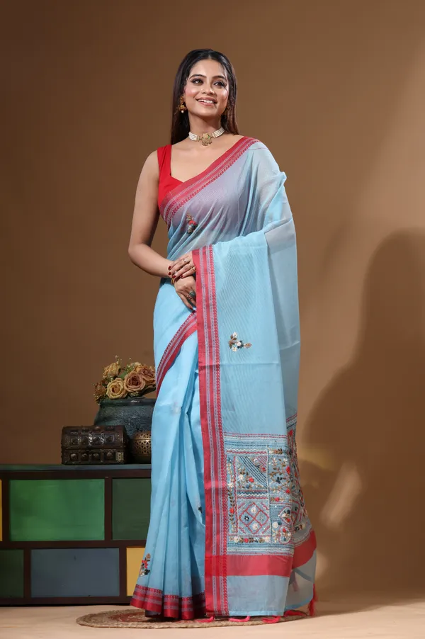 BLUE_SUPERNET_with_KANTHA_WORK_Saree_with_Blouse_Piece