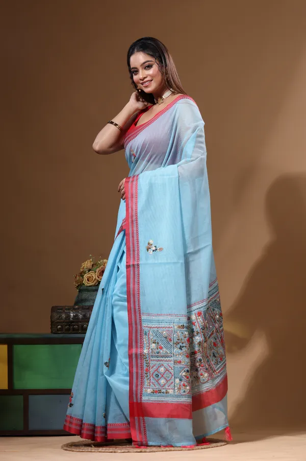 BLUE_SUPERNET_with_KANTHA_WORK_Saree_with_Blouse_Piece