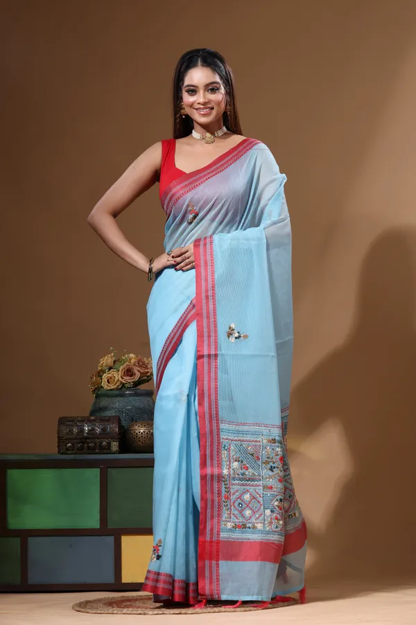 BLUE_SUPERNET_with_KANTHA_WORK_Saree_with_Blouse_Piece
