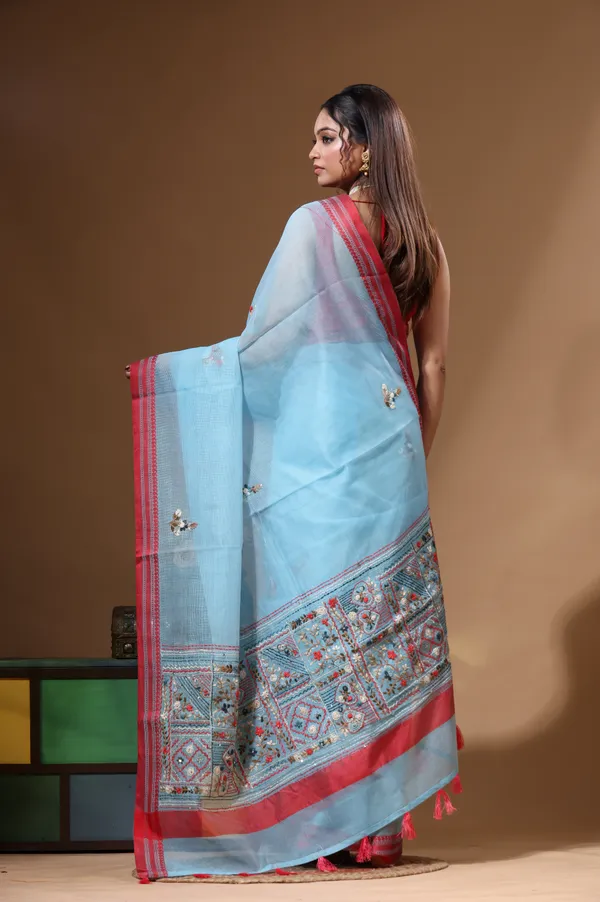 BLUE_SUPERNET_with_KANTHA_WORK_Saree_with_Blouse_Piece