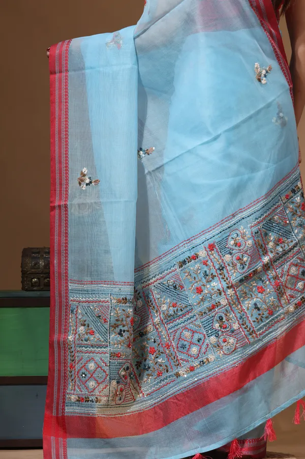 BLUE_SUPERNET_with_KANTHA_WORK_Saree_with_Blouse_Piece