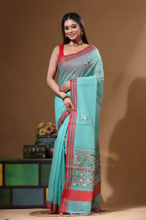 GREEN_SUPERNET_with_KANTHA_WORK_Saree_with_Blouse_Piece