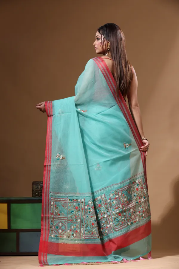 GREEN_SUPERNET_with_KANTHA_WORK_Saree_with_Blouse_Piece