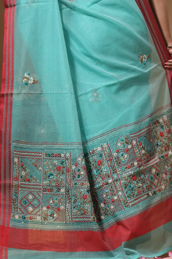 GREEN_SUPERNET_with_KANTHA_WORK_Saree_with_Blouse_Piece