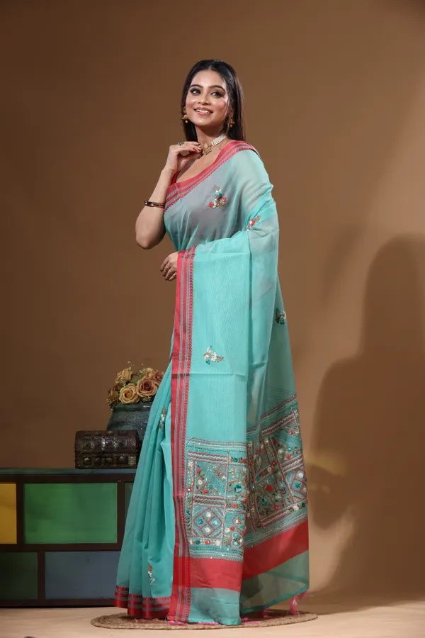 GREEN_SUPERNET_with_KANTHA_WORK_Saree_with_Blouse_Piece