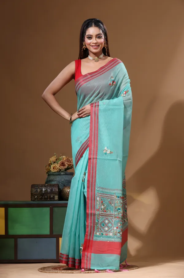 GREEN_SUPERNET_with_KANTHA_WORK_Saree_with_Blouse_Piece