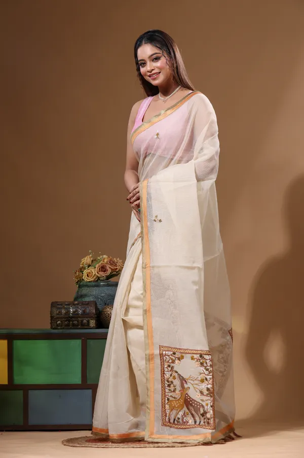 BEIGE_SUPERNET_with_KANTHA_WORK_Saree_with_Blouse_Piece