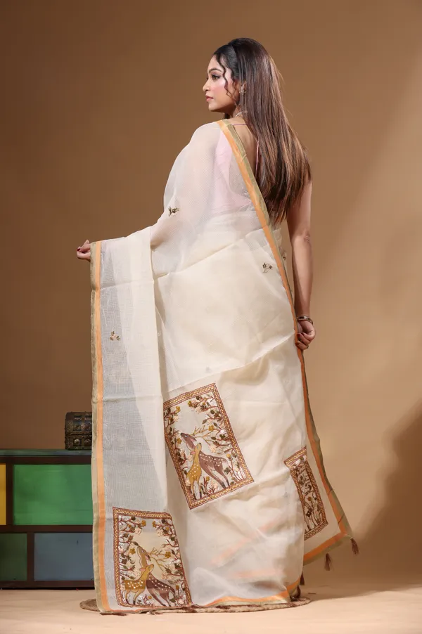 BEIGE_SUPERNET_with_KANTHA_WORK_Saree_with_Blouse_Piece