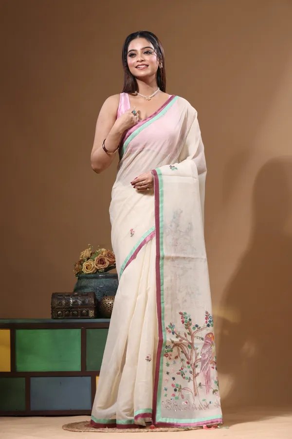 BEIGE_SUPERNET_with_KANTHA_WORK_Saree_with_Blouse_Piece