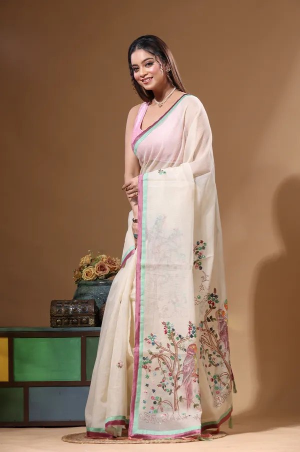 BEIGE_SUPERNET_with_KANTHA_WORK_Saree_with_Blouse_Piece