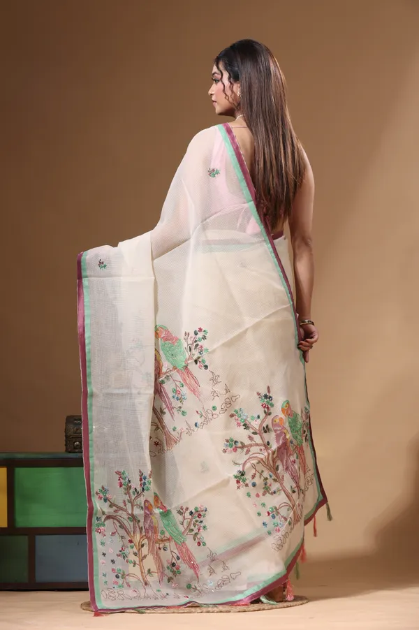 BEIGE_SUPERNET_with_KANTHA_WORK_Saree_with_Blouse_Piece
