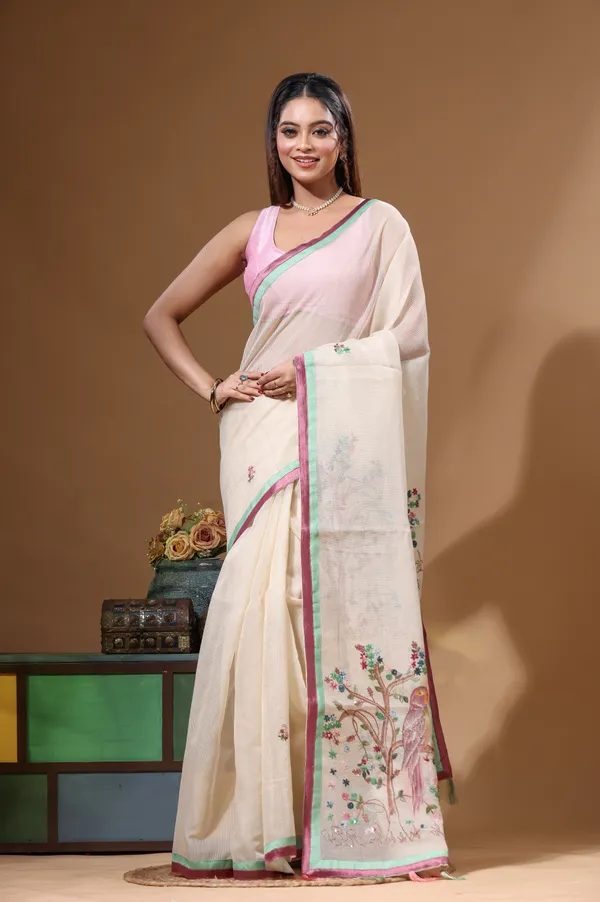 BEIGE_SUPERNET_with_KANTHA_WORK_Saree_with_Blouse_Piece