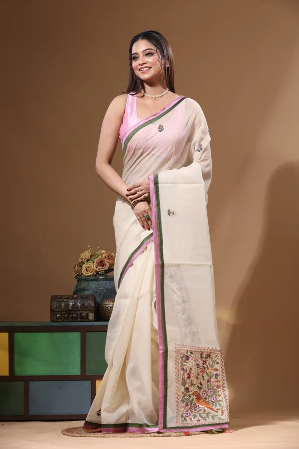 BEIGE_SUPERNET_with_KANTHA_WORK_Saree_with_Blouse_Piece