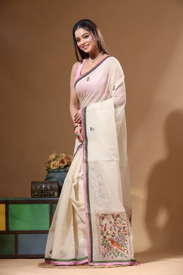 BEIGE_SUPERNET_with_KANTHA_WORK_Saree_with_Blouse_Piece