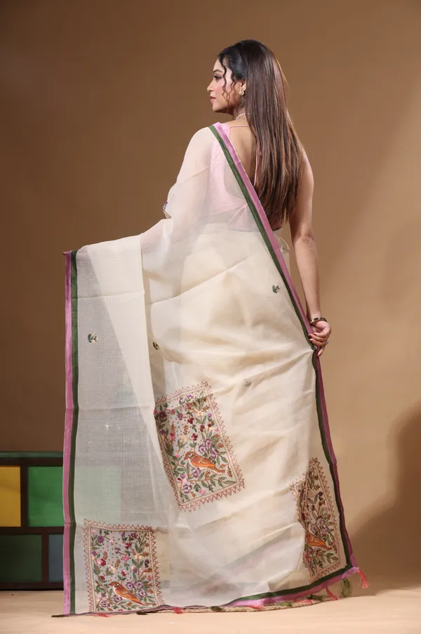 BEIGE_SUPERNET_with_KANTHA_WORK_Saree_with_Blouse_Piece