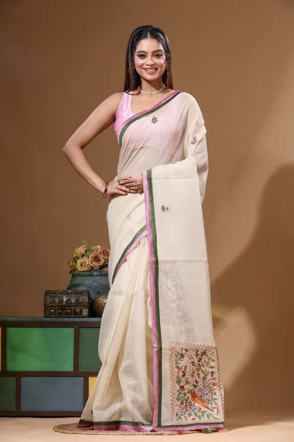 BEIGE_SUPERNET_with_KANTHA_WORK_Saree_with_Blouse_Piece