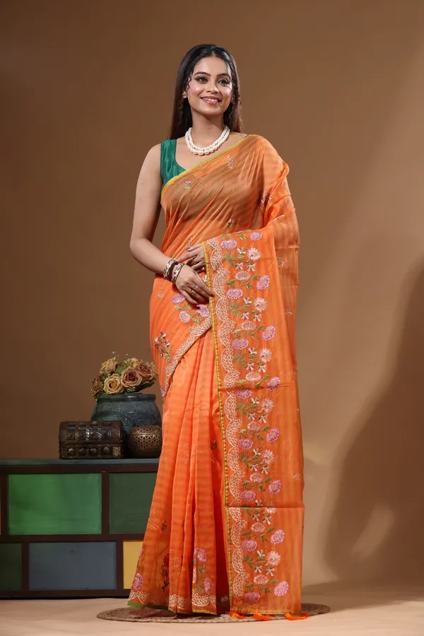 ORANGE_SUPERNET_with_COMPUTER_EMBROIDERY_Saree_with_Blouse_Piece