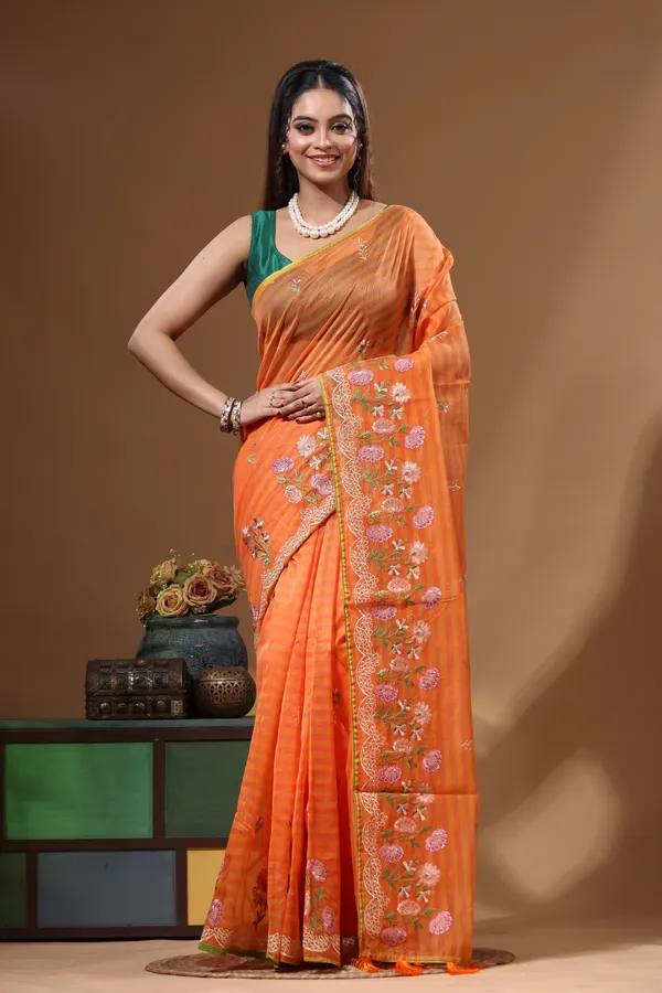 ORANGE_SUPERNET_with_COMPUTER_EMBROIDERY_Saree_with_Blouse_Piece